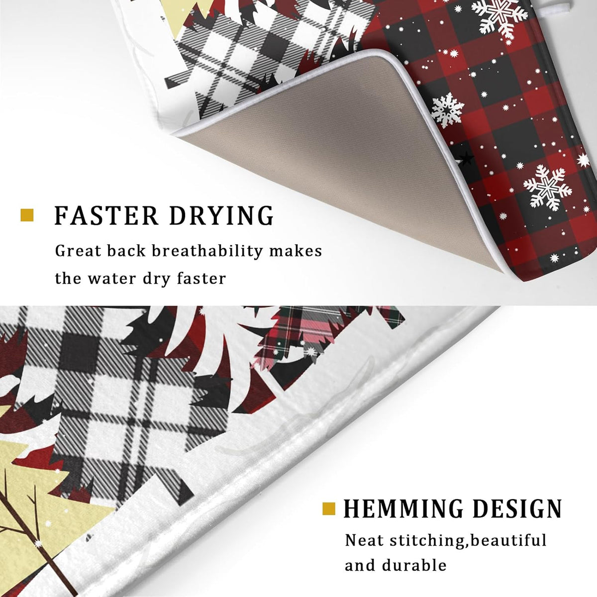 Christmas Dish Drying Mat for Kitchen Counter 16”x18” Christmas Tree Buffalo Plaid Dish Draining Mat Ultra Absorbent