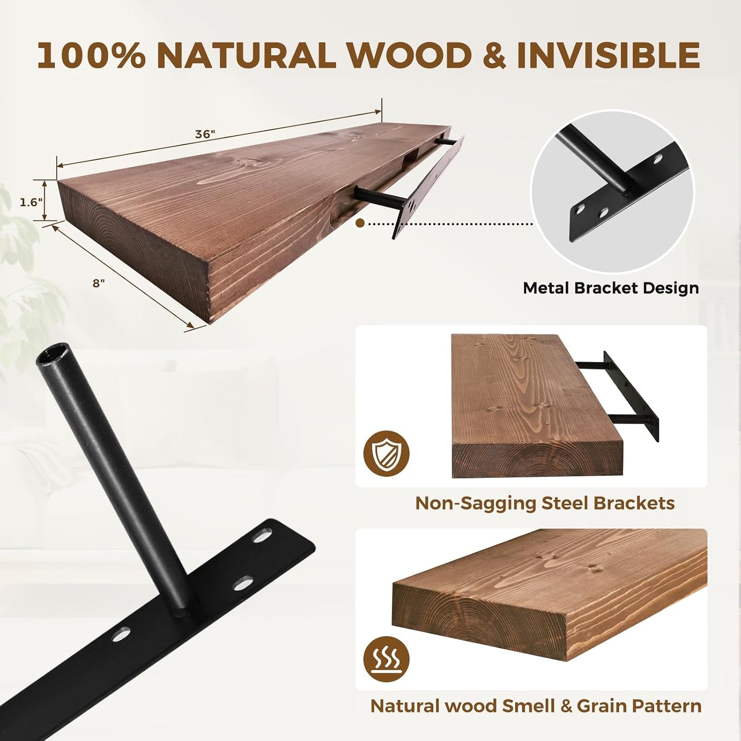 Solid Wood Floating Shelves, 36 Inch Wall Shelves, Set of 2, Brown