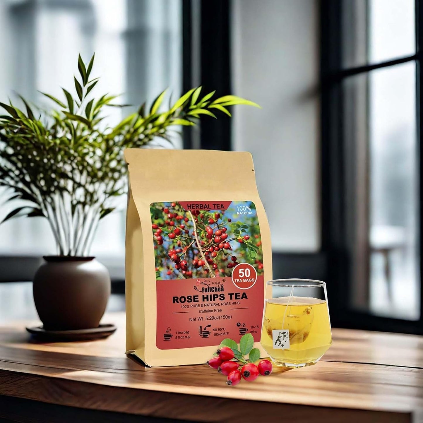 FullChea - Rose Hips Tea Bags, 50 Count, Dried Rose Hips | 100% pure rose hips herbal tea, rich in antioxidants, Non-GMO caffeine-free, easy to brew hot or iced