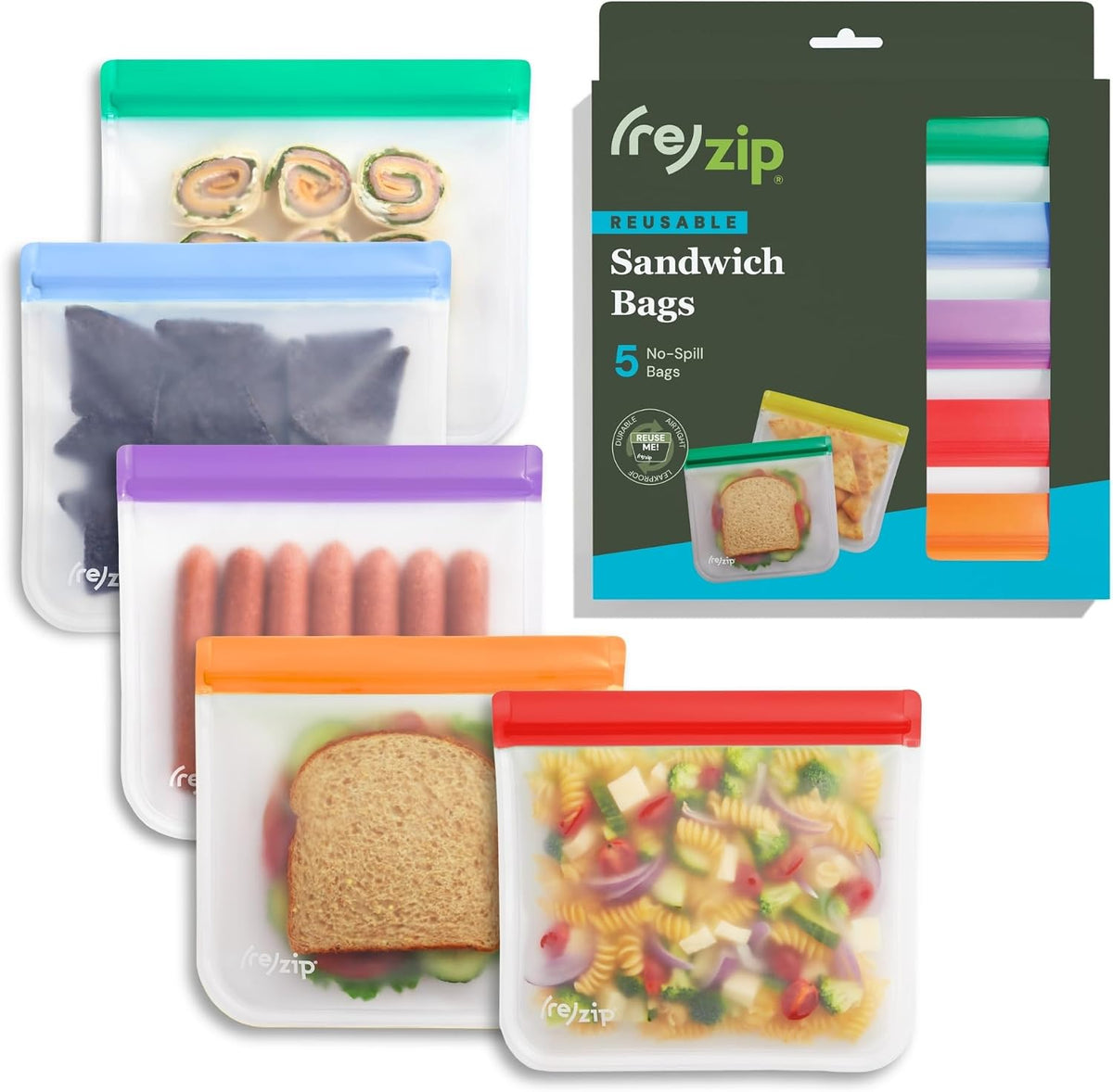 (re) zip 5-pack Reusable Sandwich Lunch Food Storage Bags (28 Fl Oz, 3.5 Cup) | BPA-Free, Food Grade, Leakproof, Freezer Safe, Dishwasher Safe, Travel Friendly | Jewel Tones for Easy Organization