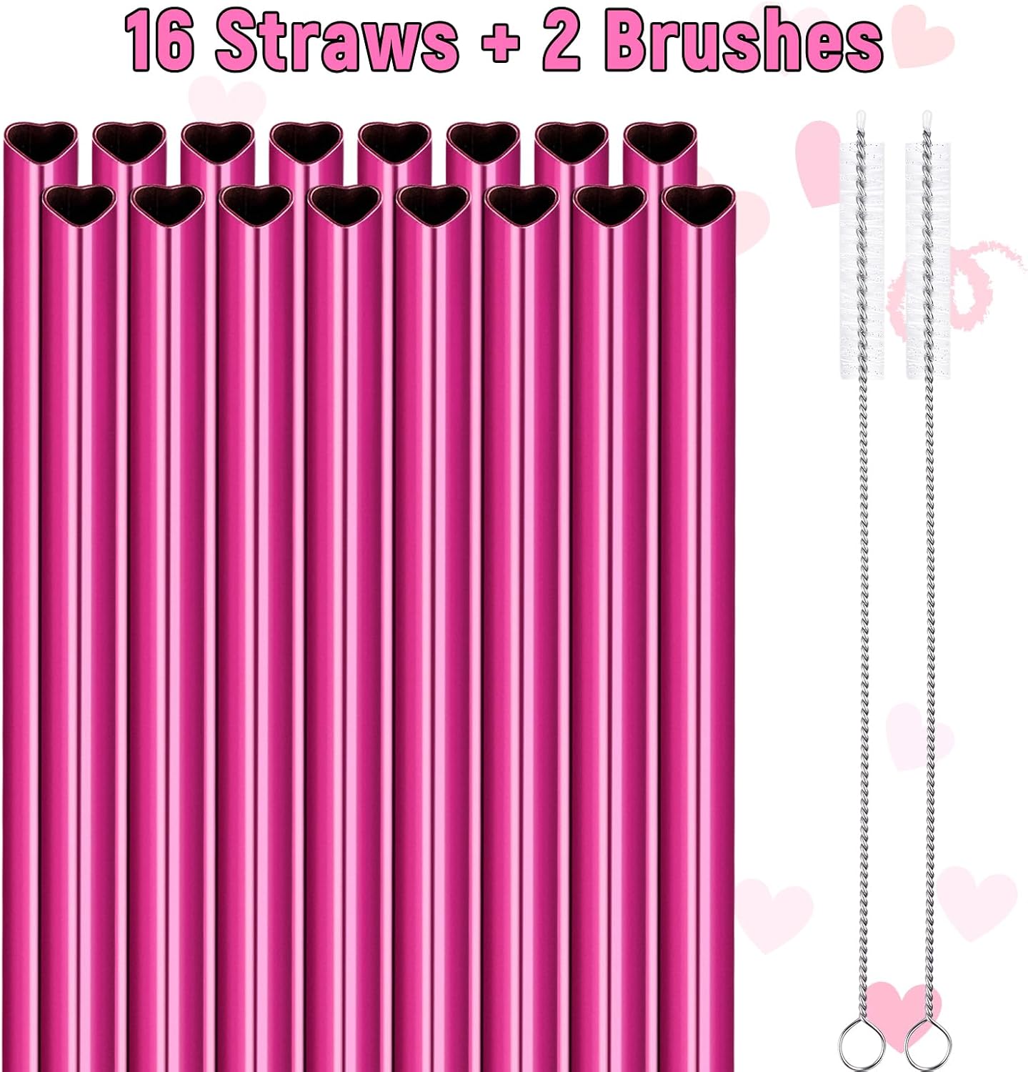 NiHome 8.5” Heart-Shaped Stainless Steel Straws Fit for Smoothie, Cocktails | 16-Pack Metal Straws with 2 Brushes for Holiday, Valentine’s Day, Reusable Drinking for Smoothie Milkshake (Pearl Hot Pink)