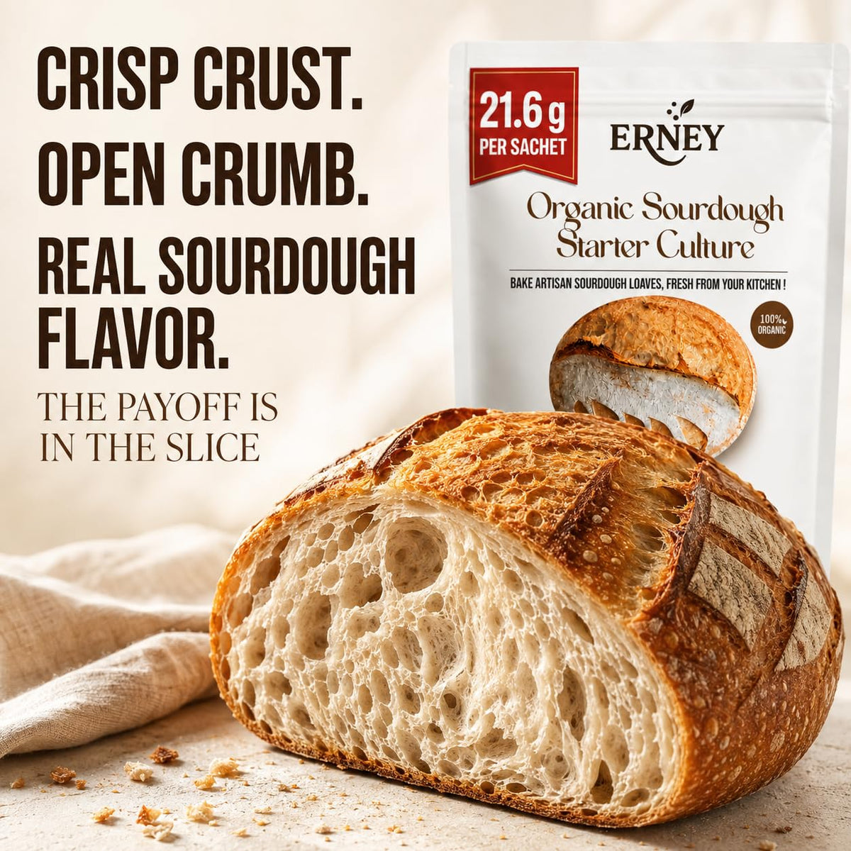 ERNEY Dehydrated Sourdough Starter - 21.6g Sachet for Artisan Bread