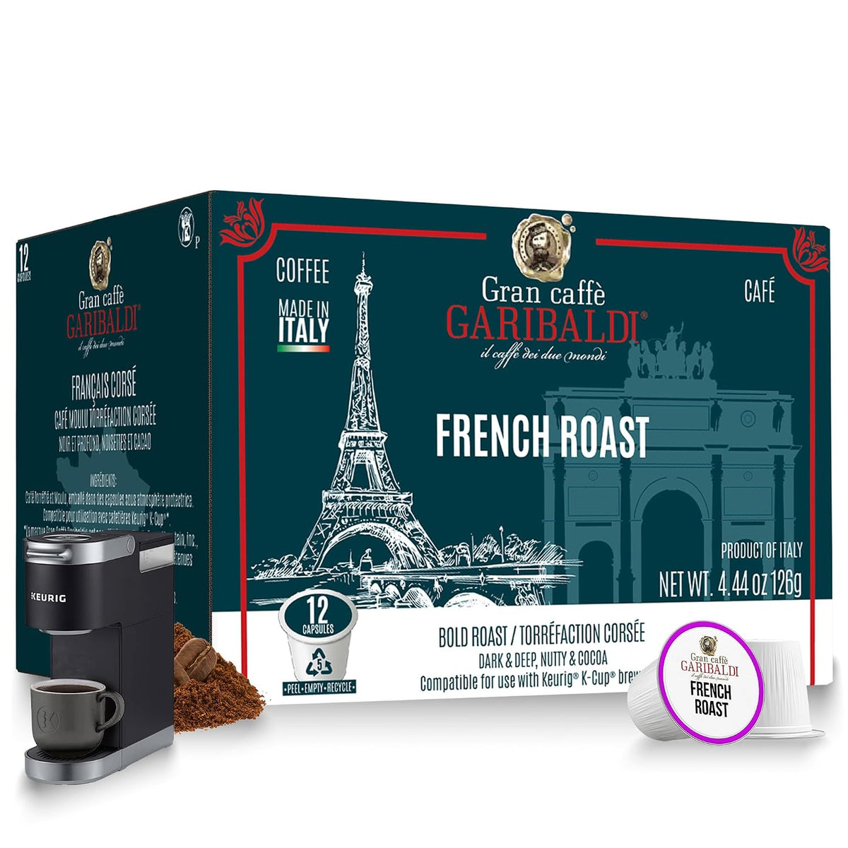 Caffè Garibaldi French Roast Coffee Pods, Dark Roast, 12 Count K Cups | 100% Arabica Dark Roast Coffee Pods Compatible With Keurig K-Cup Brewers, Recyclable Single-Serve Capsules, 12 Count Pack