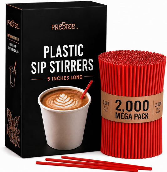 Prestee 2000 Count Red Coffee Stirrers - 5 Inch Plastic Stir Sticks for Hot and Cold Beverages - Disposable Coffee Straws for