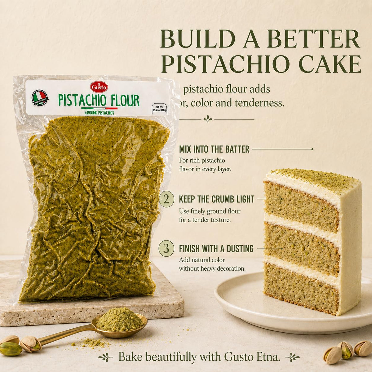 GUSTO ETNA Pistachio Flour, Fine Chopped Pistachio Flour, 2.2 lb | Gluten-Free Ground Pistachio Flour and Powder for Baking and Desserts; Vegan, Non-GMO, Product of Bronte, Sicily, Italy.