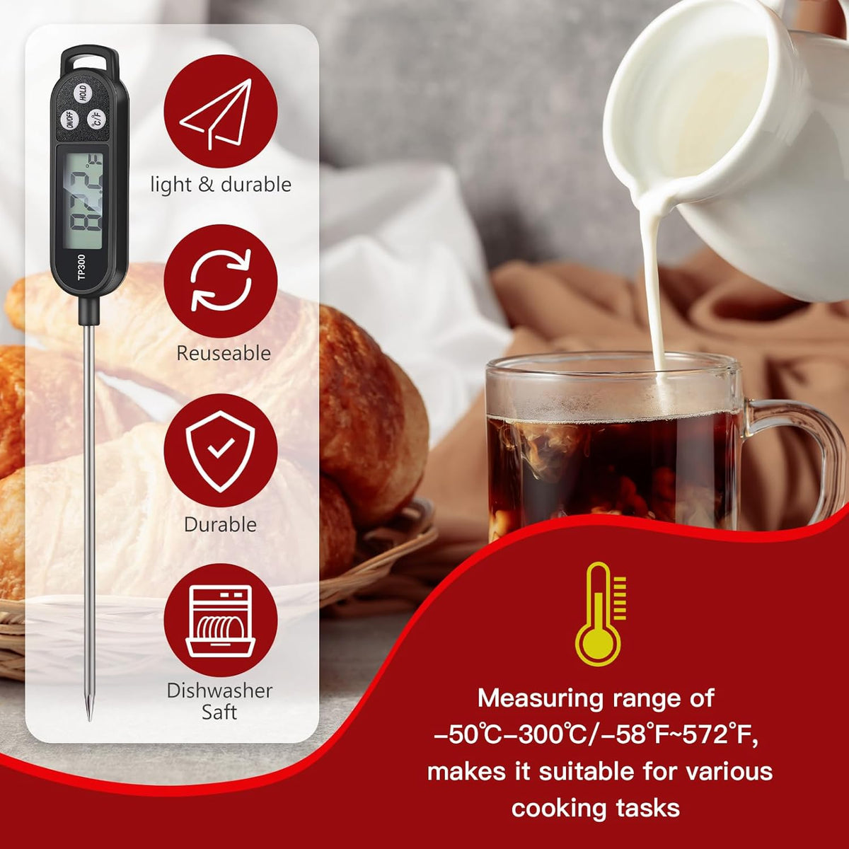 6 Pcs Food Thermometer Instant Read Probe BBQ,Black,White,Red | Meat Water Liquid Digital Waterproof Thermometer Kitchen Cooking Supplies for Cooking Milk Yogurt