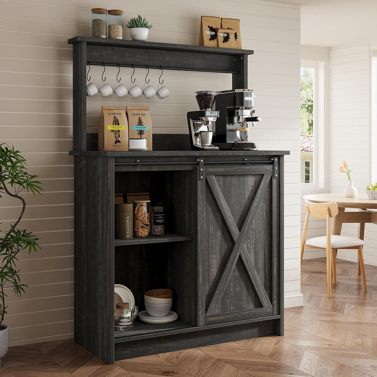 4ever2buy Farmhouse Coffee Bar Cabinet with Sliding Barn Door, 31.5", Dark Oak