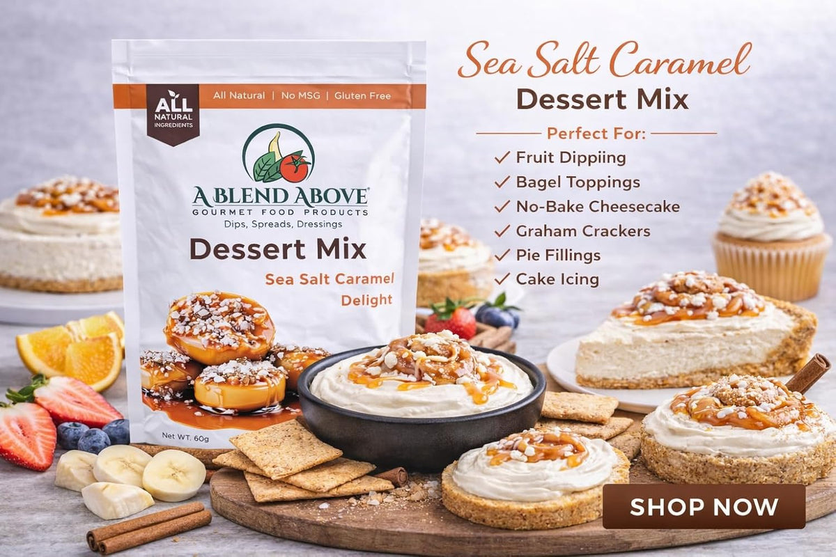 A Blend Above Sea Salt Caramel No-Bake Desserts Mix - All Natural, Gluten Free, No MSG - Instant Dessert Mix, Fruit Dip, Bagel Topping, Frosting, Cheesecake Filling - Makes 16 Oz (Pack of 3)