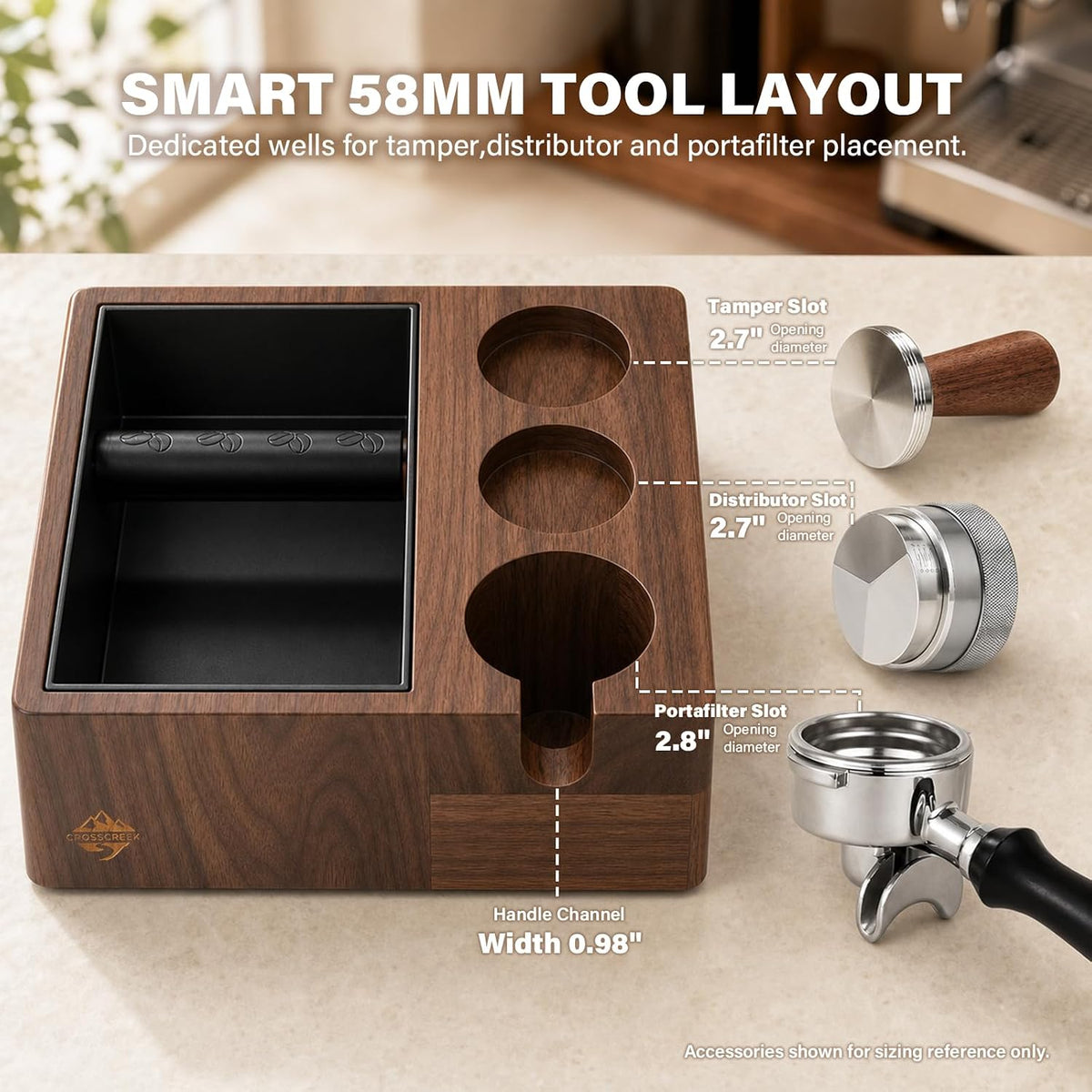 Coffee Knock Box for 58mm Portafilter - 4-in-1 Natural Walnut Espresso Tamping Station, Distributor &amp; Tamper Holder, 1.5L Large Capacity Coffee Grounds Container for Coffee Bar Accessories