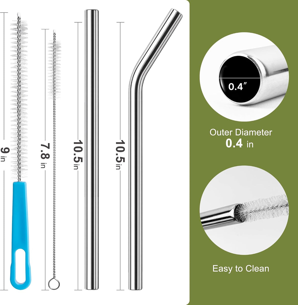 Metal Smoothie Straws 0.4'' Extra Wide Stainless Steel Reusable, 6 Pack