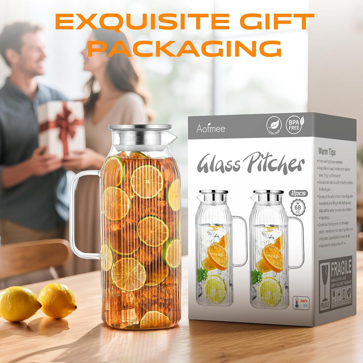Aofmee 68oz Glass Pitcher with Lid and Handle for Fridge, Clear Striped | Iced Tea Pitcher for Fridge, Borosilicate Glass Carafe, Sun Tea Jar, Dual Pour Stainless Lid, Dishwasher Safe