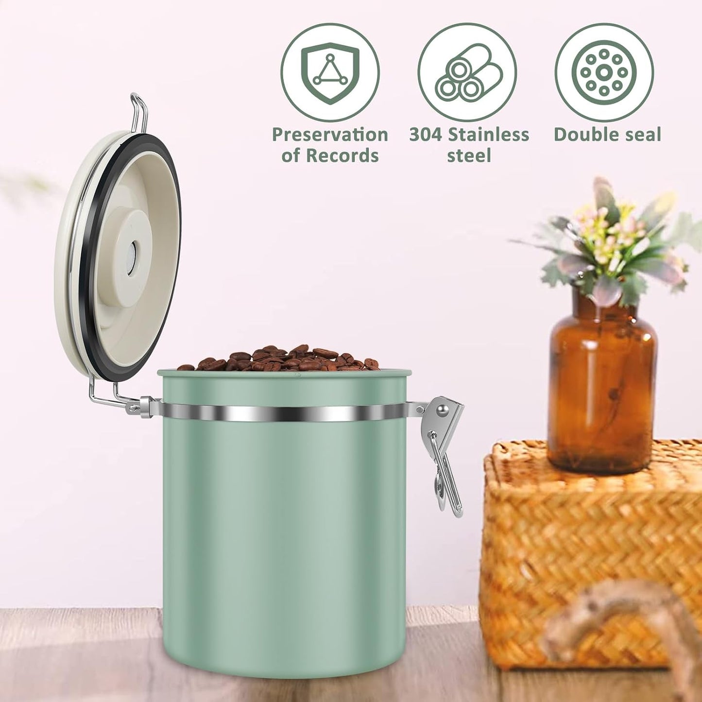 2PCS Coffee Storage Canister 1.5L 51OZ Double Airtight Coffee Beans Container with Date Locator 304 Stainless Steel Kitchen Food Storage Container with Spoon For Coffee Beans Grounds Tea Sugar