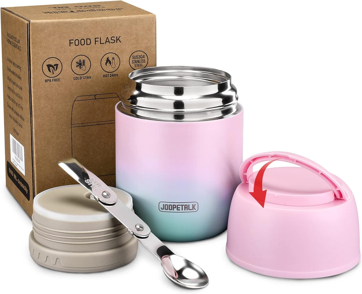 17 oz Insulated Lunch Containers Hot Food Jar, Wide Mouth Lunch Thermo for Kids Adults, Vacuum Stainless Steel Lunch Box With Handle Folding Spoon for School, Office (Blue-Pink)