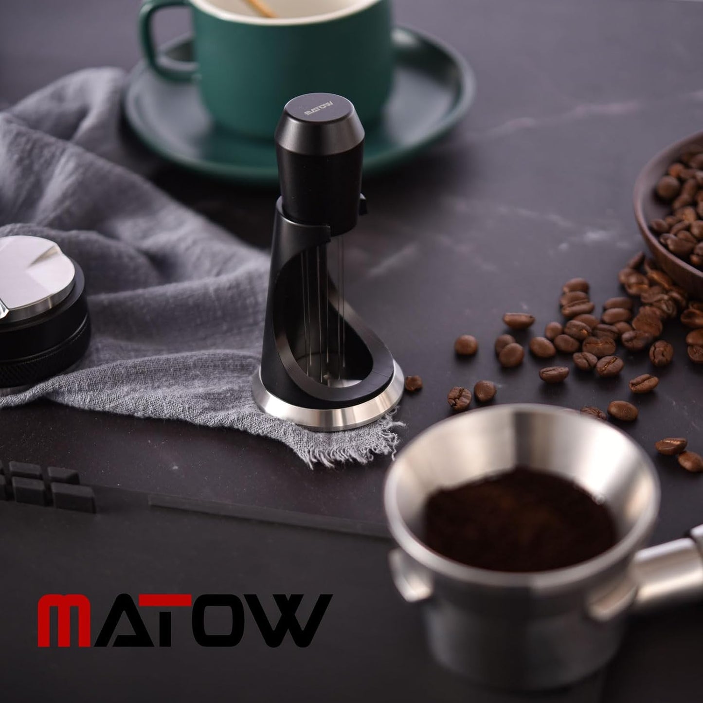 MATOW 6 Prong WDT Espresso Tool with Weighted Stand | 0.4mm Thin Pins, Anodized Aluminum Handle, Self Aligning Catch Tray Stand, Reduce Channeling