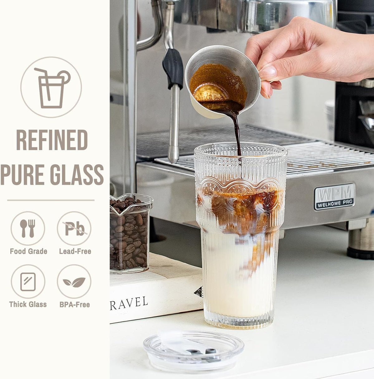 SoulTimes 20oz Ribbed &amp; Floral Glass Tumbler with Lid and Straw – Iced Coffee Glasses Cups for Smoothie, Matcha, Juice, Water etc. Leakproof and Reusable Glassware Drinking for Travel To Go [2Pcs]