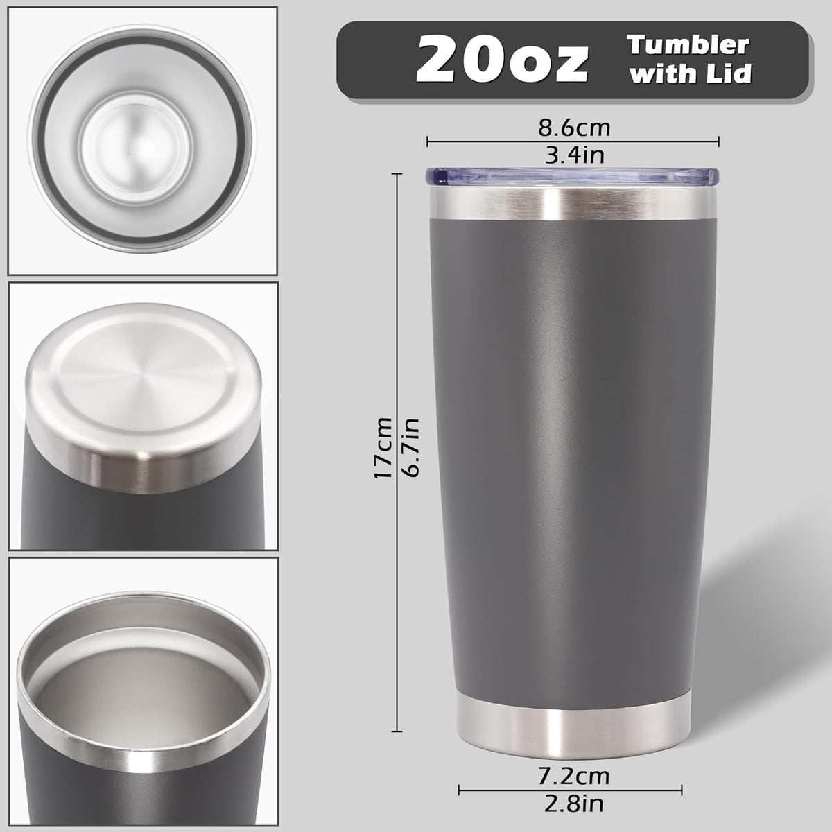 20oz Tumbler Bulk Stainless Steel Tumblers with Lid Vacuum Insulated Double Wall Travel Coffee Mug Powder Coated Tumbler Cup for Hot and Cold Drinks(Grey, 12 pack)