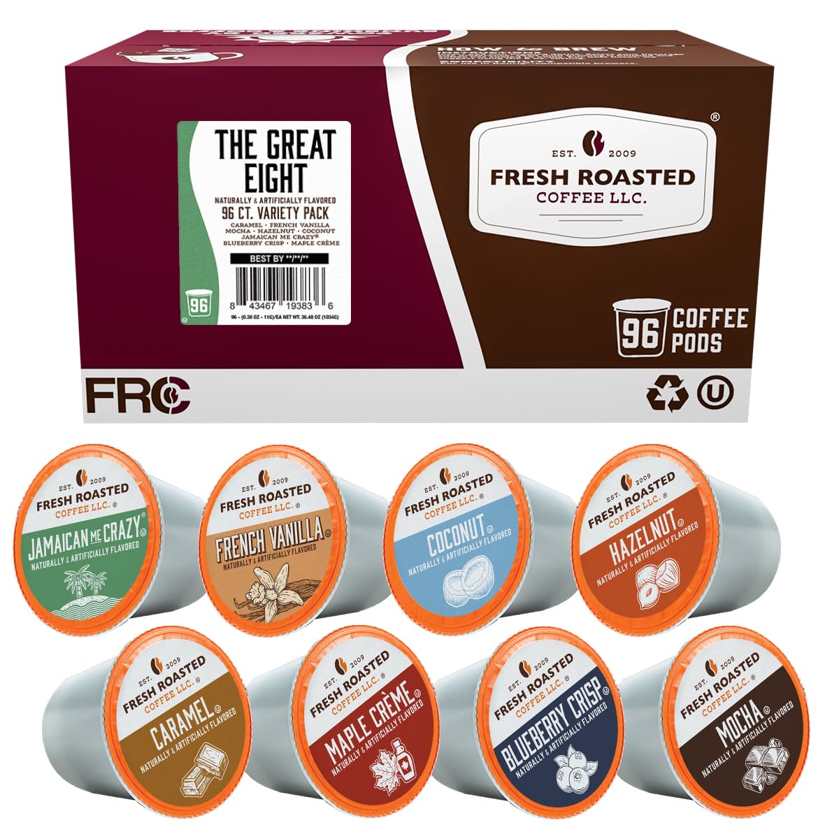 Fresh Roasted Coffee, The Great Eight, Flavored Coffee Pod Variety Pack Flavored K-Cup Pods for Keurig Brewers, Medium Roast, Kosher, 96 Count Loose Pack