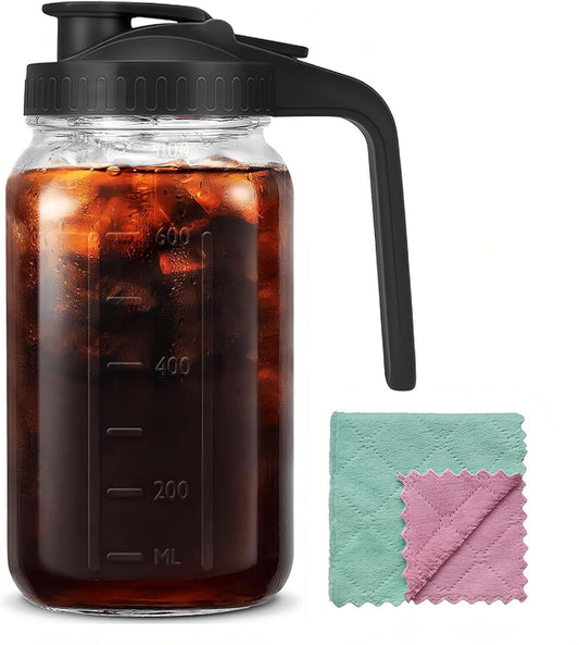 32oz Glass Pitcher Carafes With Handle and Lid, 1 Quart Mason Jar, Large Water Jug, Glass Containers for Fridge, Water