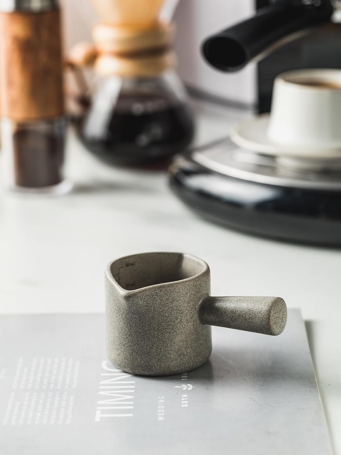 Espresso Cup 3 OZ, Ceramic Espresso Measuring Cup, Double Spouts | Espresso Shot Cup with Handle, Espresso Accessories, Dual Measurement Scale, Cute Espresso Pour Cup, Gray