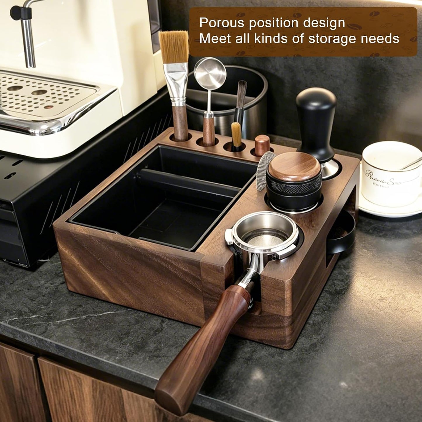 Espresso tamping station knock box,tamper station,Espresso station fit for storage 51-58mm tamper,distributor,portafilter,puck screen accessories,9 in 1 espresso knock box and tamper station