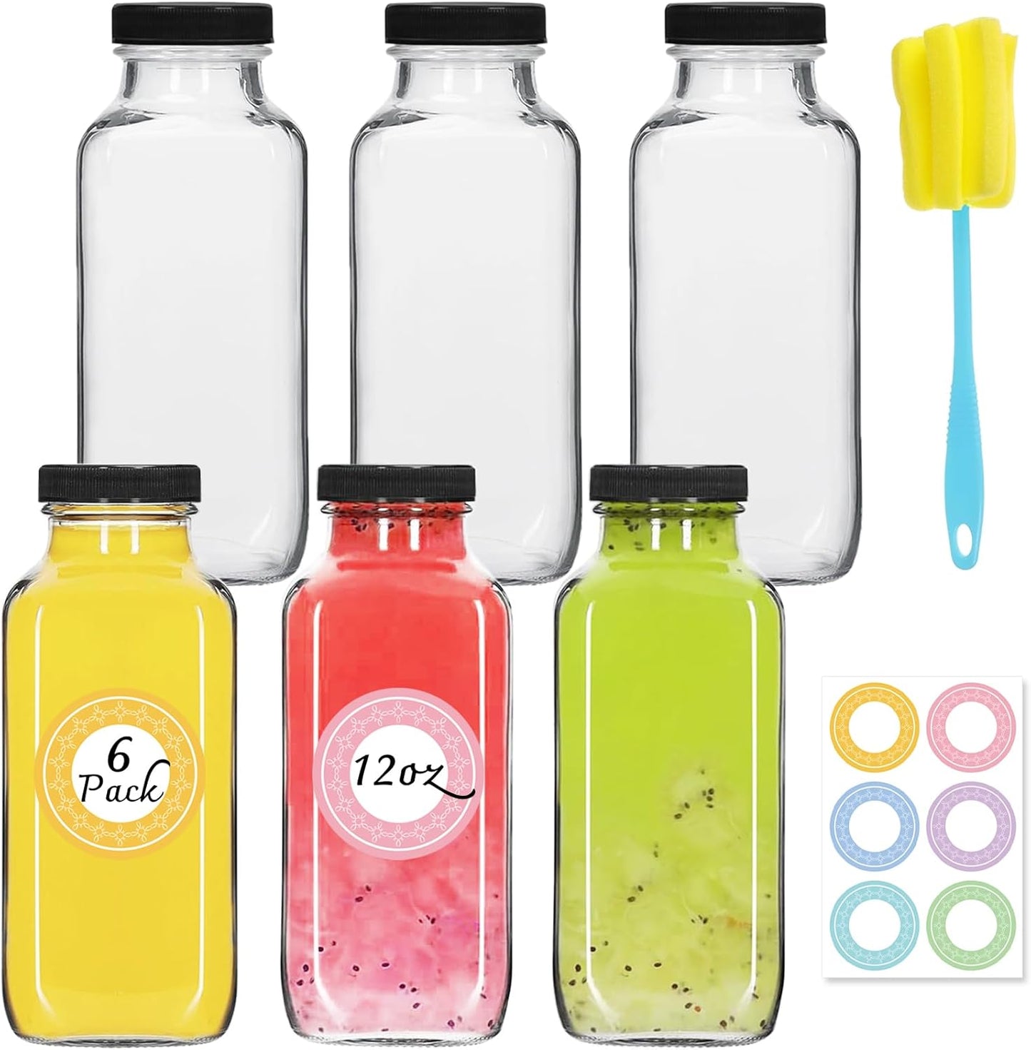 6 Pack 12oz Glass Water Bottles, 350ml Empty Glass Juice Bottles with Black Lids, Brush & Labels, Cl