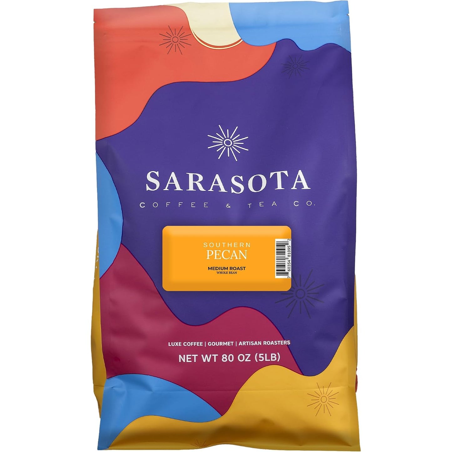 Sarasota Coffee Whole Bean Southern Texas Butter Pecan | Medium Roast Gourmet Flavored Coffee Beans | Low Acid, Mold Free, Specialty Grade Bulk Beans | 5lb (80 oz)