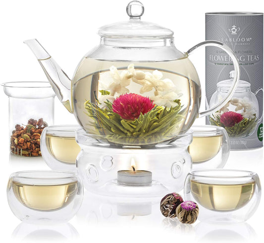 Teabloom Complete Tea Set – Glass Teapot (40 oz), Loose Tea Glass Infuser, 4 Insulated Glass Teacups, Tea Warmer, and 12