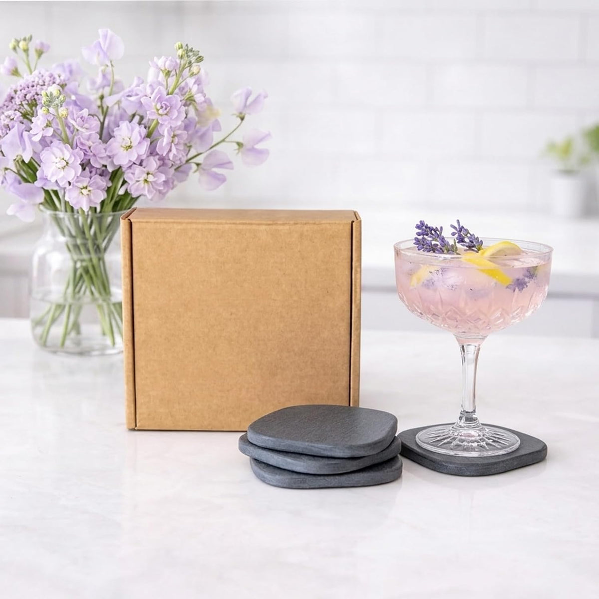 6 Pack Diatomite Absorbent Coasters for Drinks, Fast Drying Stone Coasters | XRzitky Diatomaceous Earth Instant Moisture Water Absorbing and Drying Coasters for Table Desk at Work, Dark Gray