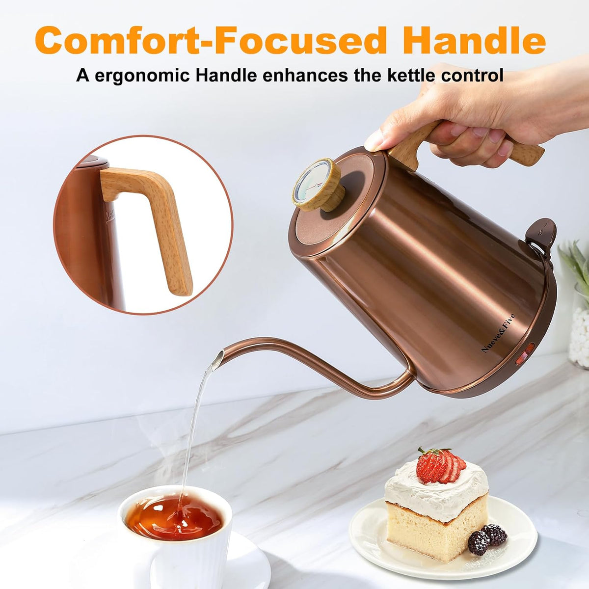 Nueve&amp;Five Electric Gooseneck Kettle with Thermometer, 1.0L Pour Over Hot Water Kettle for Coffee and Tea, 1000W, Auto Shutoff, Boil-Dry Protection,Copper