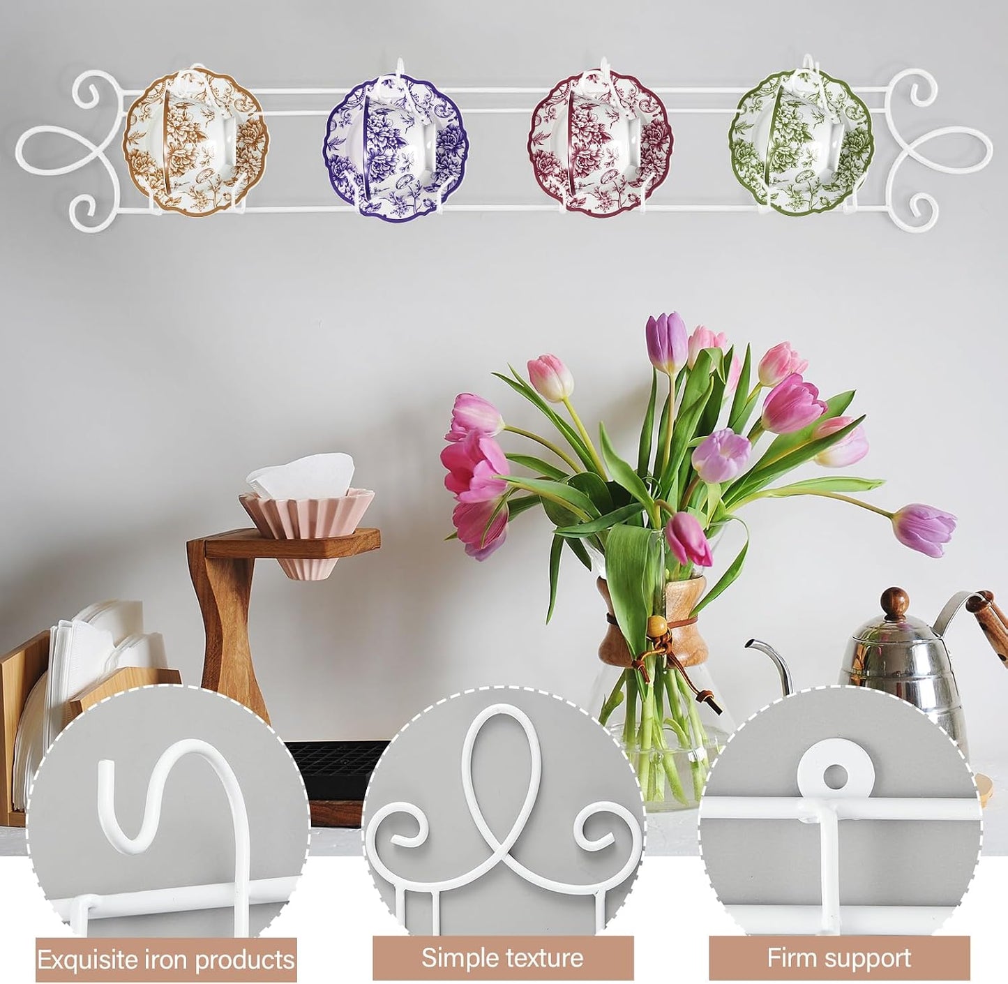 Blulu 2 Pcs Tea Cup &amp; Saucer Display Rack Stands, Wall Mounted, Horizontal