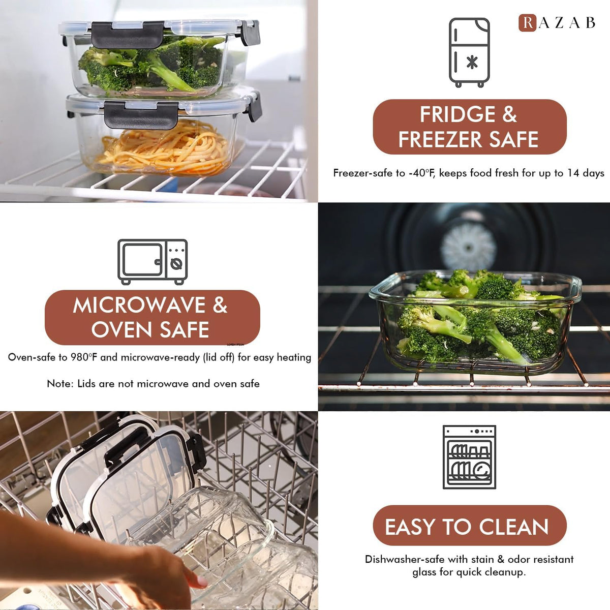 Razab 2 PC 1200ML / 42 Oz Glass Food Storage Containers with Lids - Airtight & Leakproof - Microwave/Oven/Freezer Safe - BPA Free - Ideal for Meal Prep, Storing Leftover & Lunch