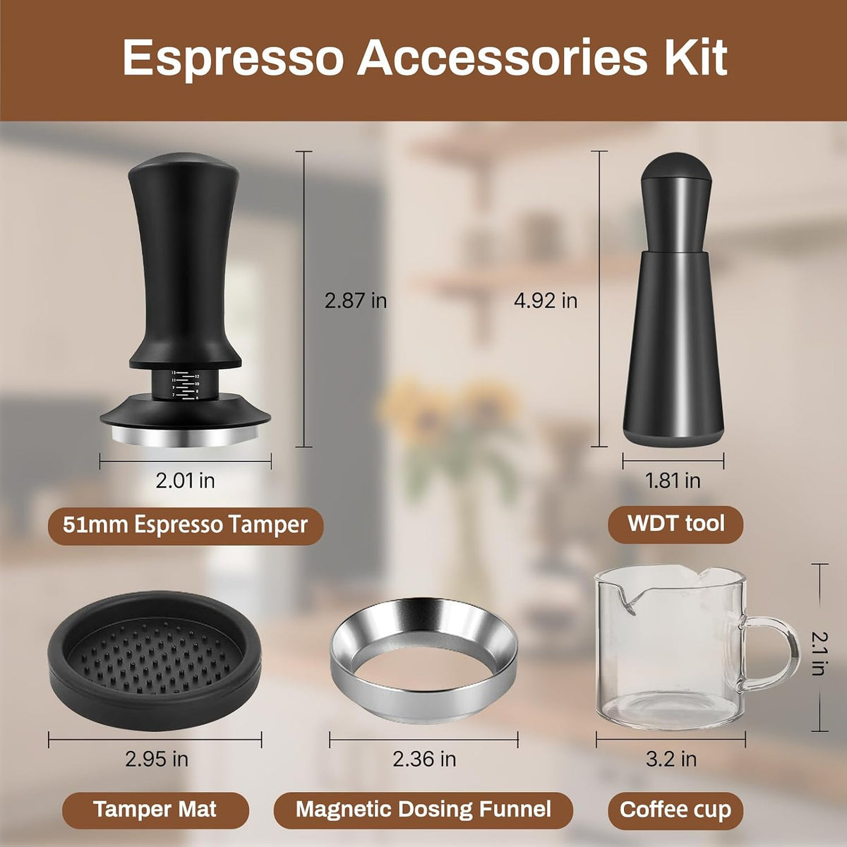 54mm Espresso Accessories Kit - 54mm Tamper Suitable for 54mm bottomless portafilter and 4 OZ Espresso Cups Set of 2 - WDT Tool Dosing Funnel Espresso Machine Accessories Distribution Tool