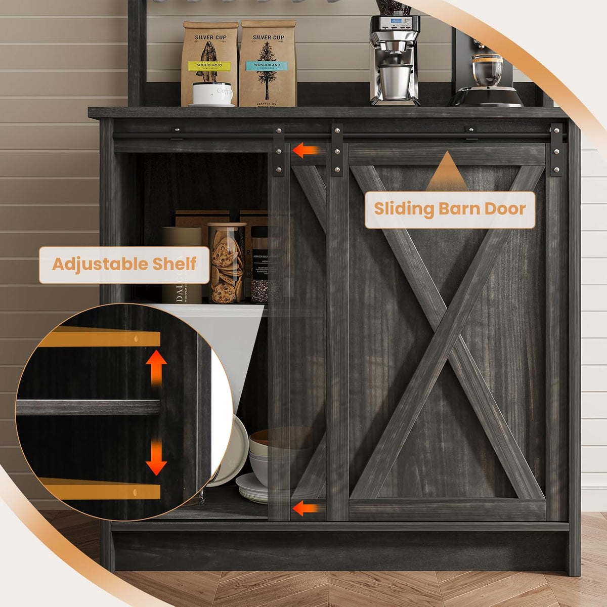 4ever2buy Farmhouse Coffee Bar Cabinet with Sliding Barn Door, 31.5", Dark Oak