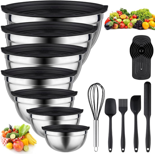 Mixing Bowls with Lids set - 25 PCS Stainless Steel Nesting Black Mixing Bowls Set for Baking, Mixing, Serving & Prepping,