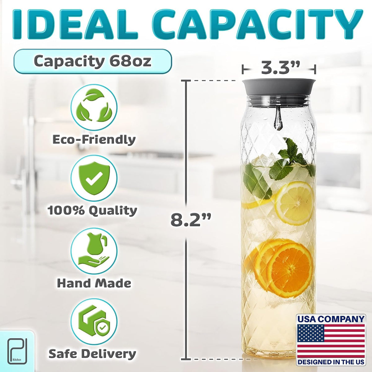 PJC-Kitchen Borosilicate Glass Pitcher with Lid - 1.2 L / 41 oz Water Jug | Durable borosilicate glass carafe for hot / cold beverages -4 °F to 302 °F, spill-proof lid with filter, dishwasher safe