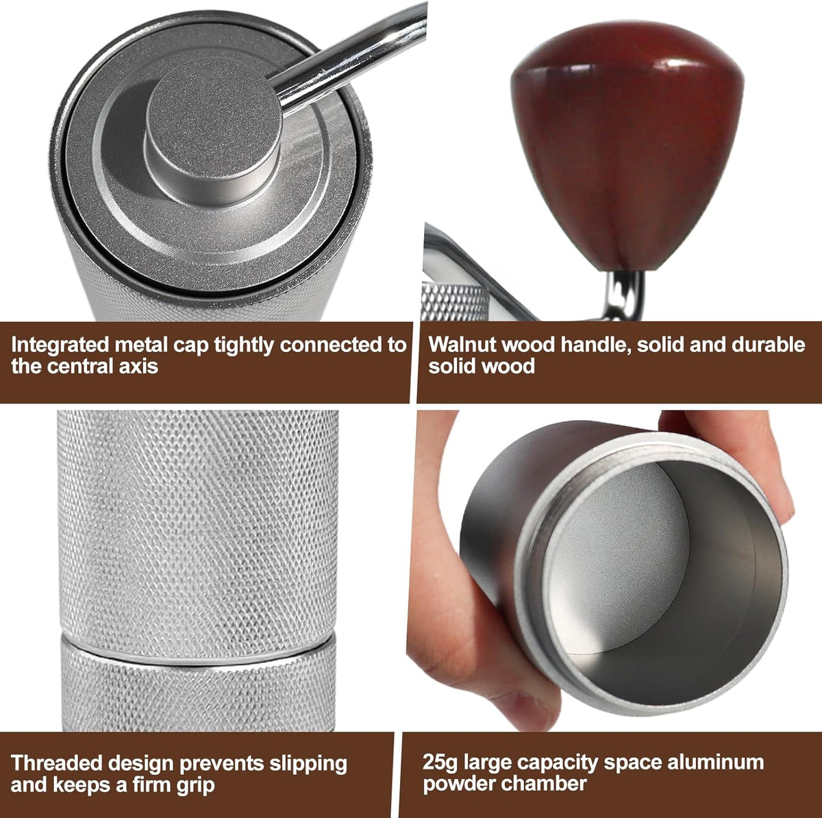 Manual Coffee Grinder Detachable Stainless Steel Conical Burr Aluminum Coffee Bean Grinder with 25 Grinding Settings Cleaning Brush Grindable Espresso Moka Pot French Press for Camping Silver
