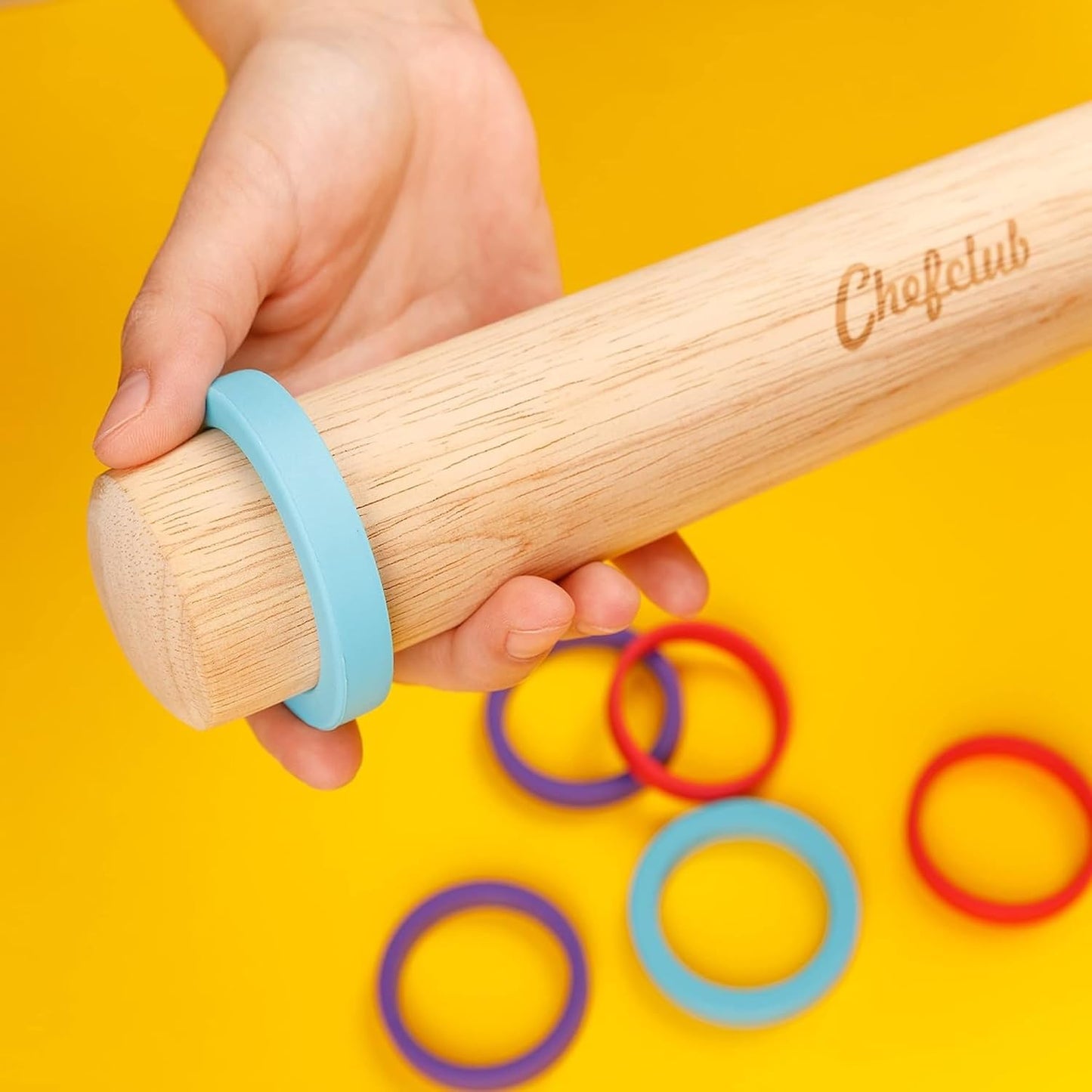 Chefclub Kids Adjustable Wooden Rolling Pin - 3 Removable Silicone Rings - Perfect for Baking &amp; Pastry, Pizza, Pie, Cookie Dough - Precision Baking Tool for Kids | 3 Removable Silicone Rings for 3 Different Dough Thicknesses – 7 mm, 5 mm and 3 mm – Re