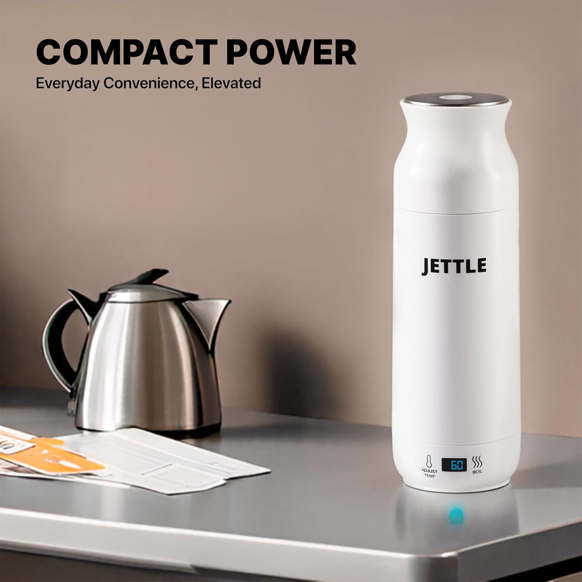 Jettle Portable Electric Kettle, 450ml Travel Water Boiler with LED, White | 304 stainless steel interior, 12 temperature settings, auto shut-off, dry-boil protection, ideal for coffee, tea and travel