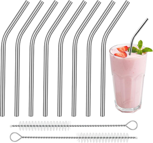 8 Pack 6 Inch Short Bent Metal Cocktails Straws, Stainless Steel Straws with 2 Cleaning Brush Portable Reusable Drinking