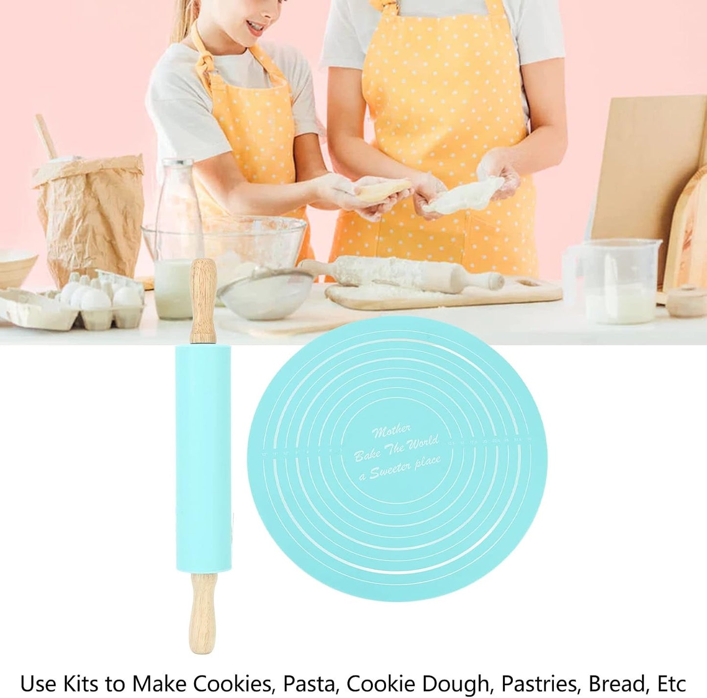 13.2in Rolling Pin Pastry Baking Mat 11.8x1.8in Large Silicone Rolling Pin Kneading Pad Baking Tool for Kitchen Restaurant School Use (Blue)