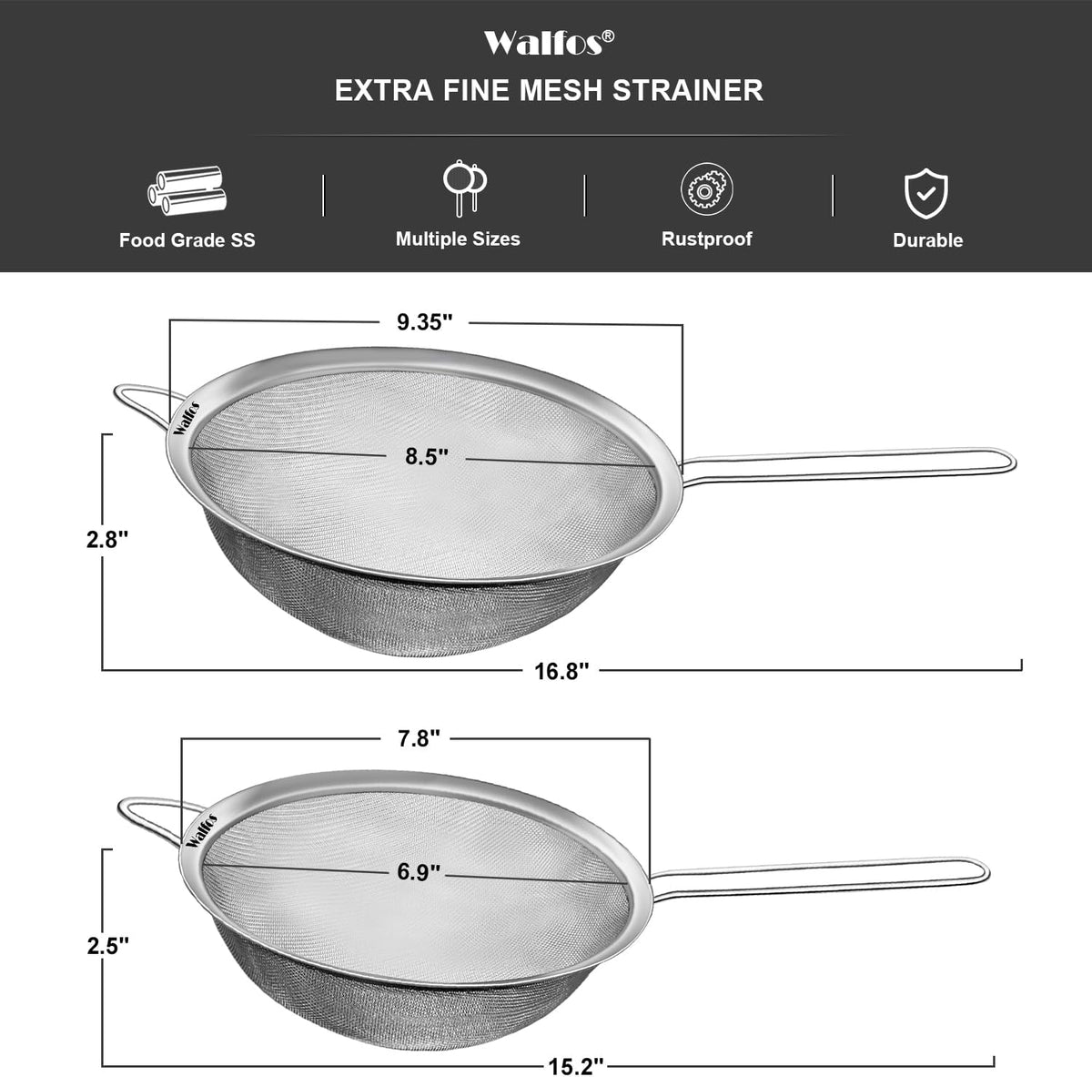 Walfos Large Fine Mesh Strainer 9.35" &amp; 7.8", Stainless Steel Mesh Sieve with Sturdy Handle, Kitchen Metal Food Strainers for Quinoa, Rice, Pasta, Fruits, Vegetables, etc., Set of 2
