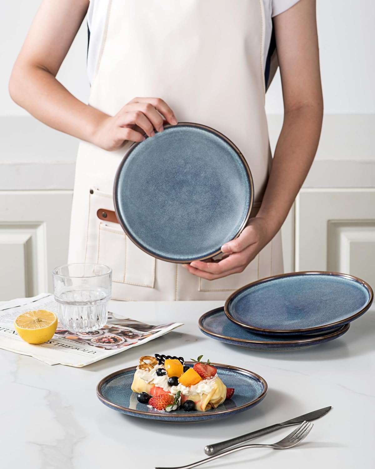 UNICASA Ceramic Salad Plates Set of 4, 8 Inch Reactive Glaze Plates | Blue Dessert and Appetizer Plates, Ideal for Salad, Pasta, Snacks and Side Dishes, Microwave, Oven and Dishwasher Safe