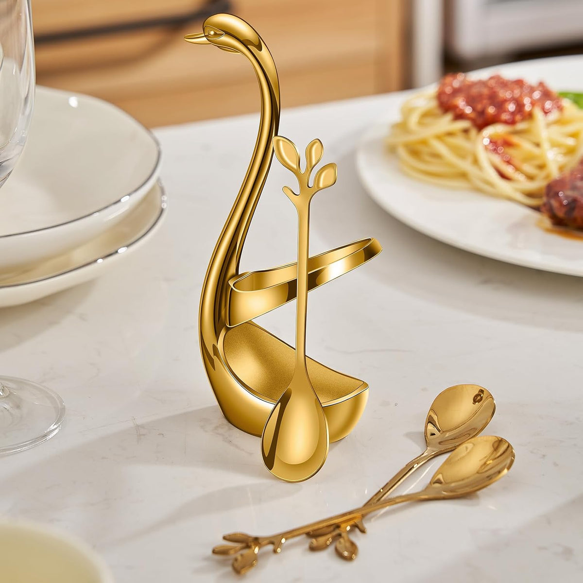 AnSaw Gold Swan Base With 10-Pcs Mini Leaf Coffee Spoon Holder Set - 4.7" | Stainless Steel Leaf Handle Spoons,Small Spoons,Espresso Spoons,Tea Spoons,Dessert Spoons,Demitasse Spoons