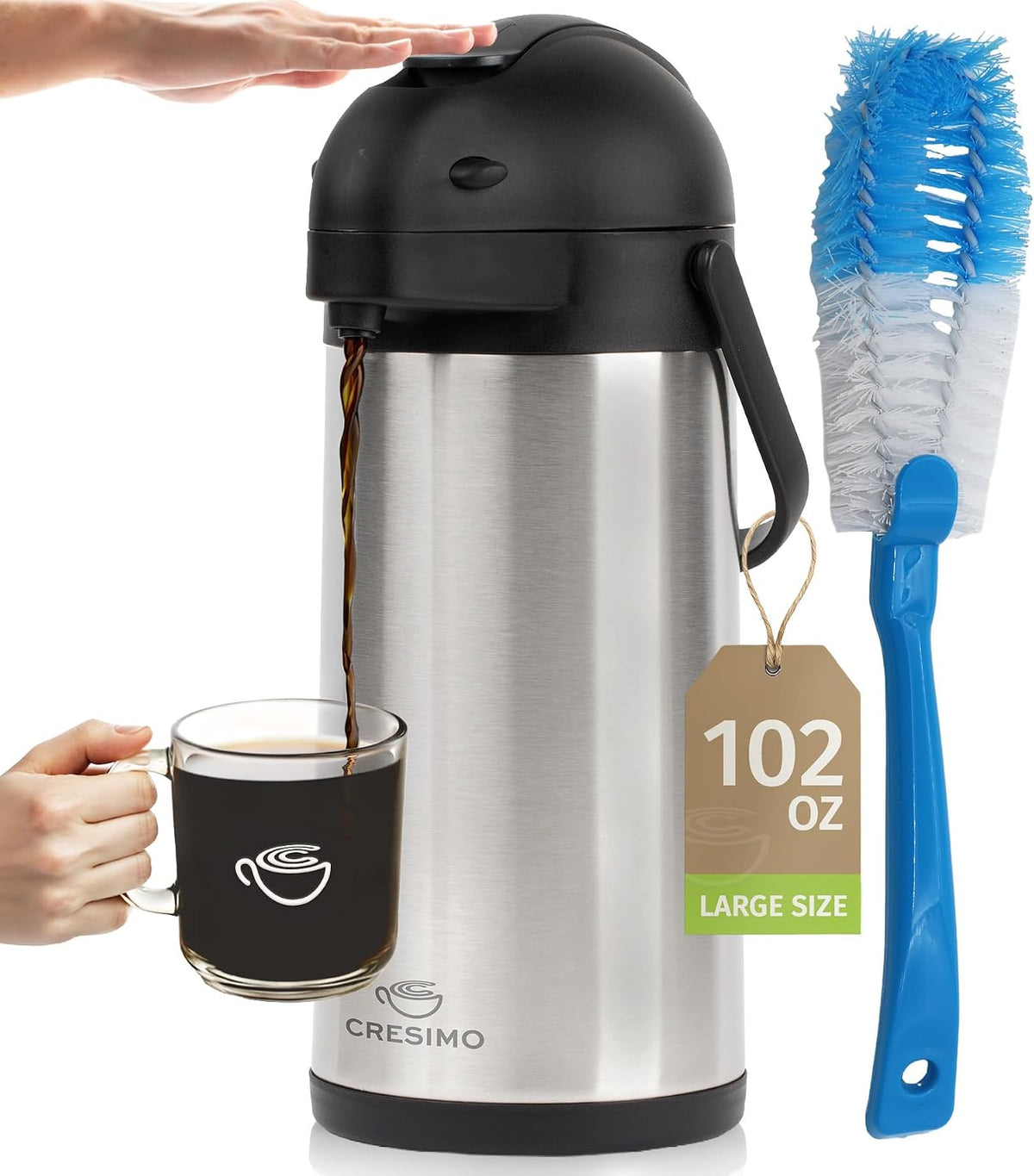 Coffee Carafe Airpot &amp; Cleaning Brush 102oz/3L Airpot 12 Hours Hot | Water Dispenser 36 Hours Cold Drink Dispenser with Pump - Easy Dispensing Coffee Carafes for Keeping Hot Extra Large -Cresimo