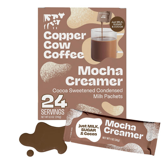 Copper Cow Coffee Sweetened Mocha Milk Creamer Singles (24 pack) | Vietnamese Inspired Coffee Creamer, All Natural Creamer