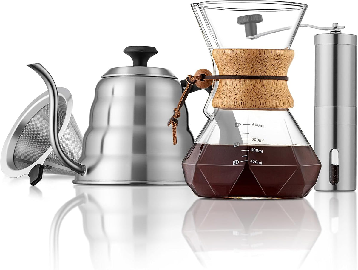 Pour Over Coffee Maker Set – 40oz Gooseneck Kettle with Thermometer, Coffee Grinder &amp; 20oz Drip Coffee Maker – Stainless Steel Pour Over Coffee Set