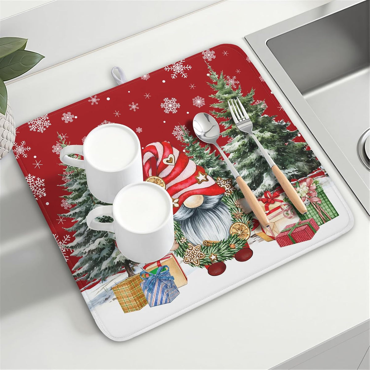 Kawani Christmas Gnome Dish Drying Mats for Kitchen Counter Christmas Gnomes Snowflakes Absorbent Microfiber Dishes Drying Pad Xmas Kitchen Drying Mat Drying Rack Mat Kitchen Accessories 16"x18"