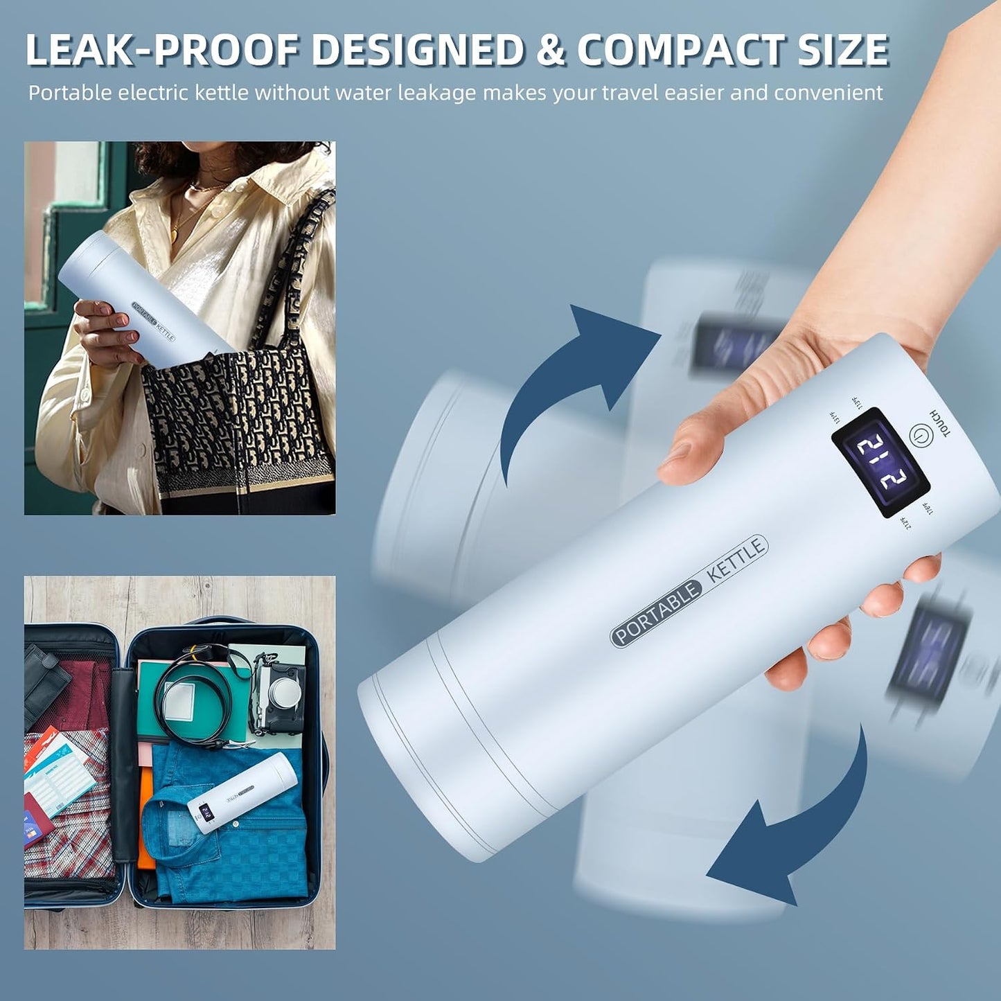 QRAGJBM Portable Electric Kettle Travel, 120V, 450ml, 4 Temperature Control | 304 Stainless Steel Lining, Auto Shut-Off, Boil Dry Protection, BPA-Free, Lightweight, For Hotel and Office (Blue)