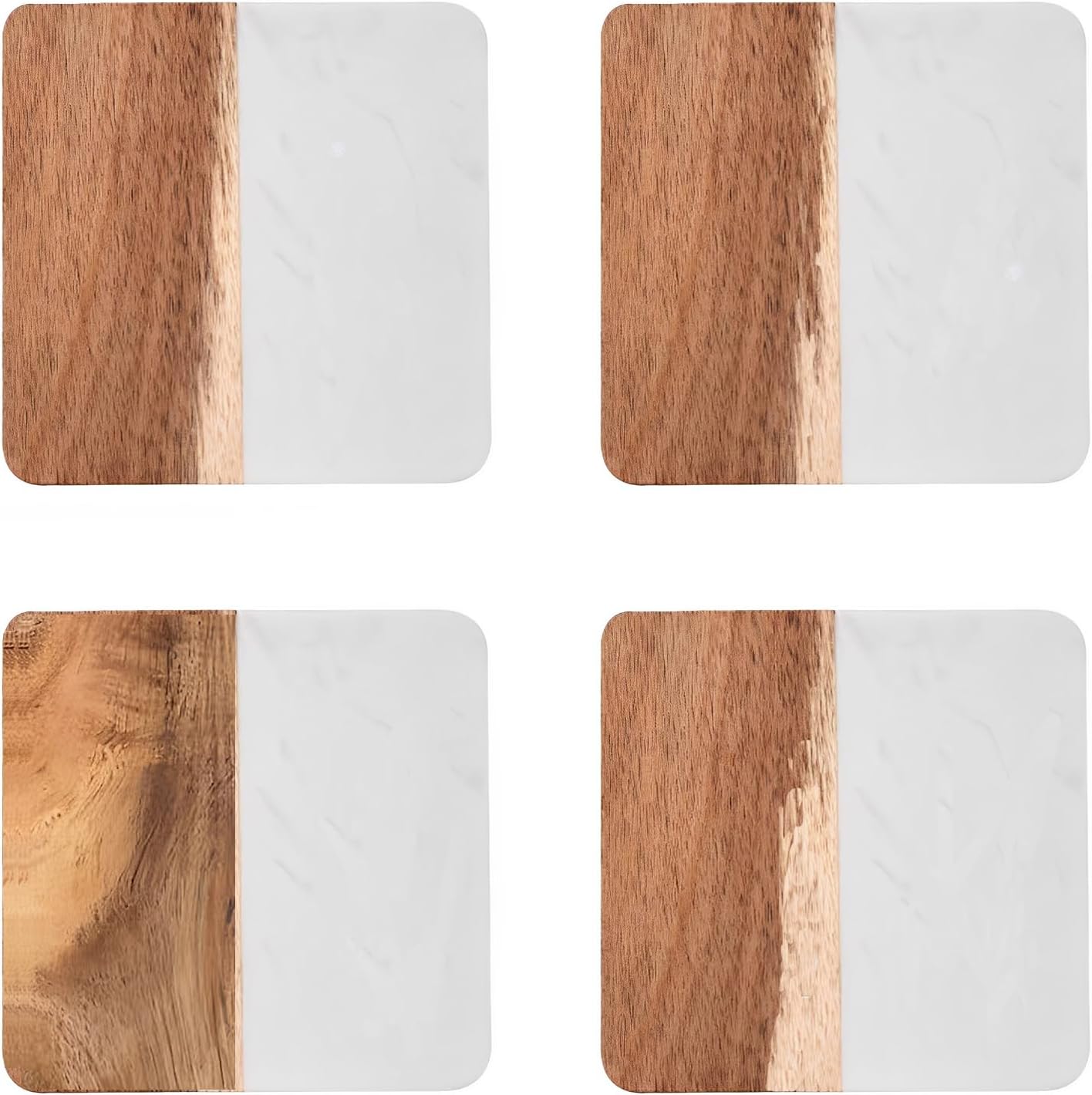 I-LAN 4-Piece Marble and Wood Coasters for Drinks, 4x4 Inch Square Modern White Marble and Natural Acacia Wood Coaster Set, Heat Resistant Table Protection for Coffee Table and Bar, White/Brown