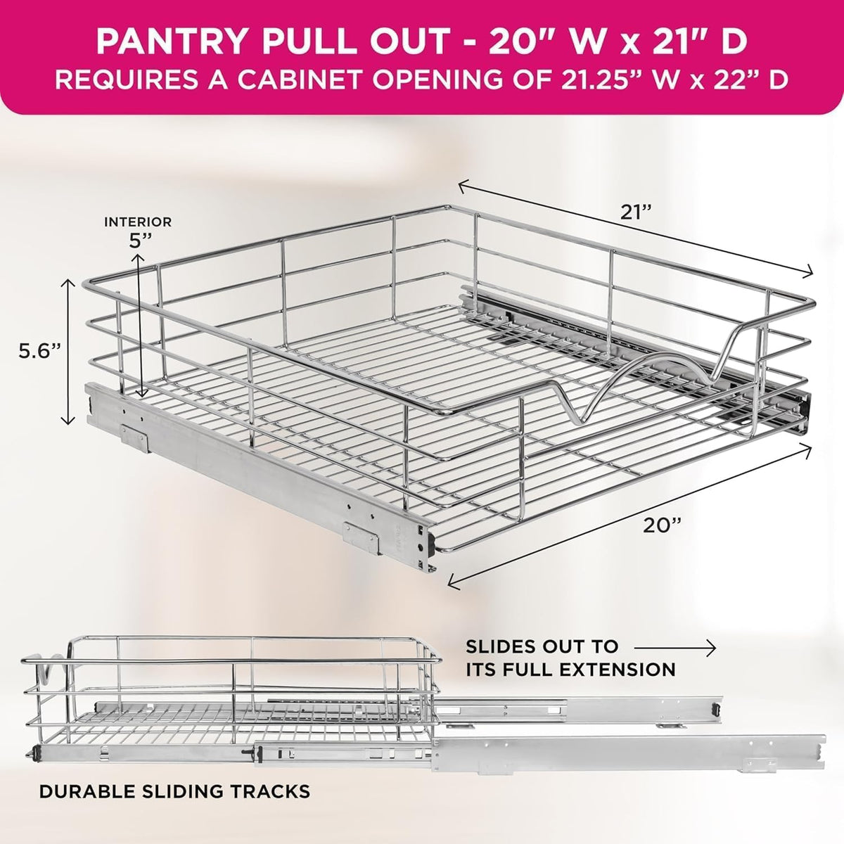 HOLDN’ STORAGE Pull Out Cabinet Organizer, Pantry Drawer, 20"W x 21"D x 5"H